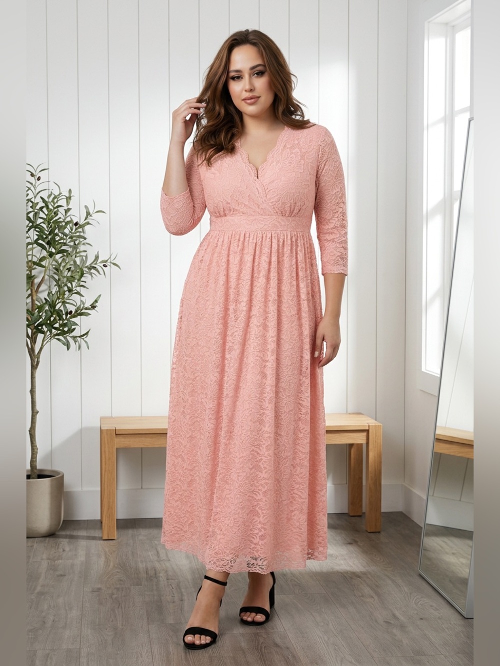 Jessica London Women's Plus Sz 26W Pink  Blush Lace Maxi Dress with 3/4 Sleeves